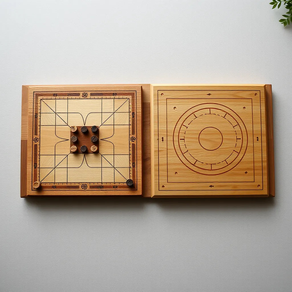 Two classic board game boards with carved pieces arranged for hnefatafl and senet