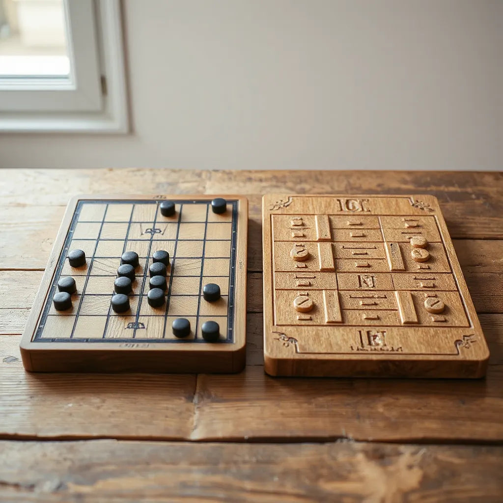 Side-by-side hnefatafl and senet boards with neatly arranged pieces on a wooden table