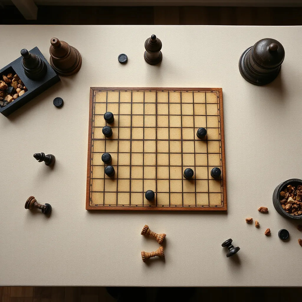 Ancient-style board game in mid-play with dark and light pieces on a simple grid board