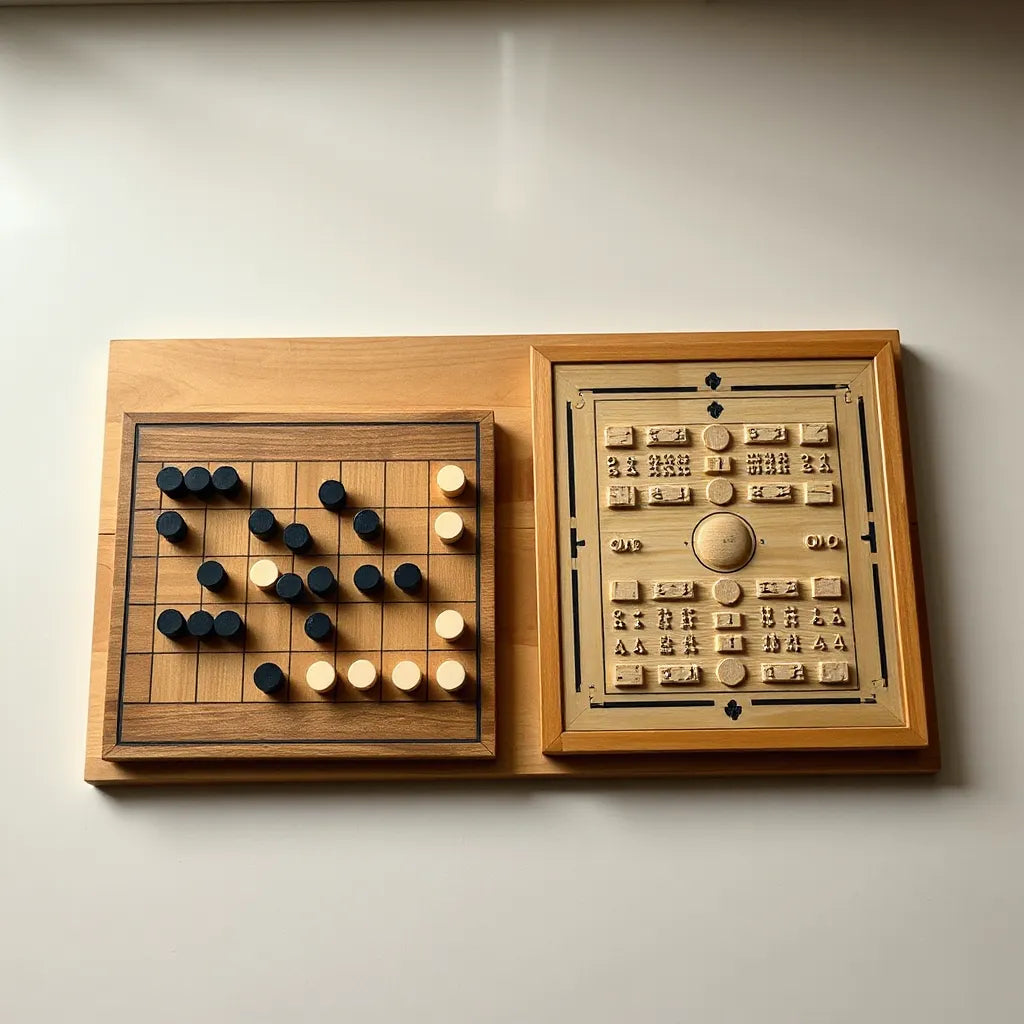 Hnefatafl and senet boards with distinct pieces arranged side by side on a wooden tabletop.