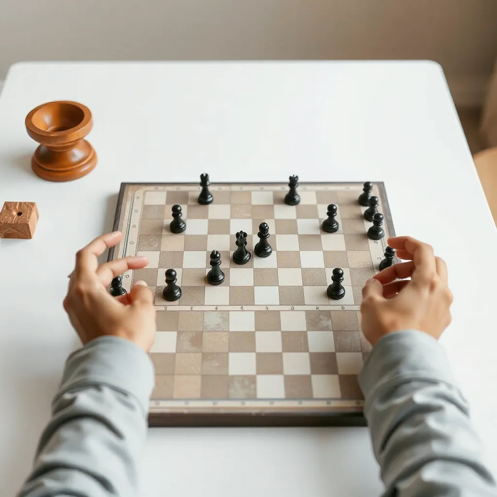 Traditional strategy board game setup with pieces arranged for play, ready to start a match
