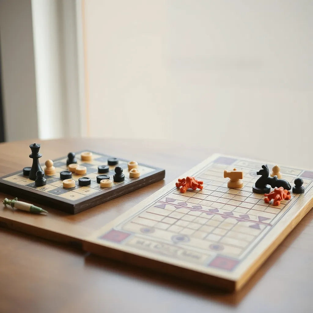 Two classic strategy boards, hnefatafl and senet, with contrasting pieces arranged on a table.
