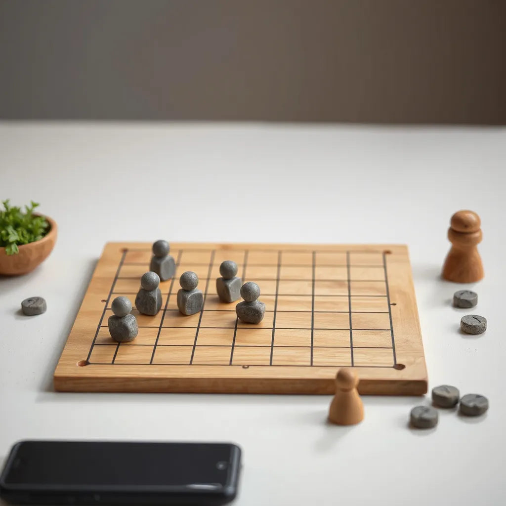 Wooden Jarmo board with starter pieces set out on a tabletop under natural light