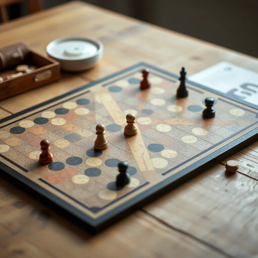A classic board game setup on a wooden table with arranged pieces and playing board
