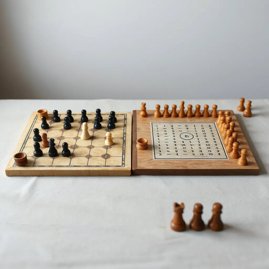 Side-by-side hnefatafl and senet boards with game pieces in a tactical positions on a tabletop