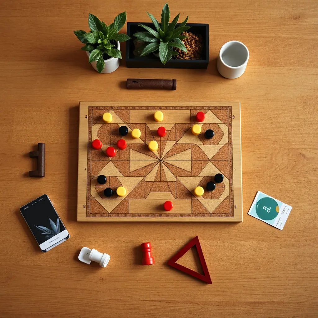 Overhead view of a classic board game mid-match with two colors of pieces on a geometric board