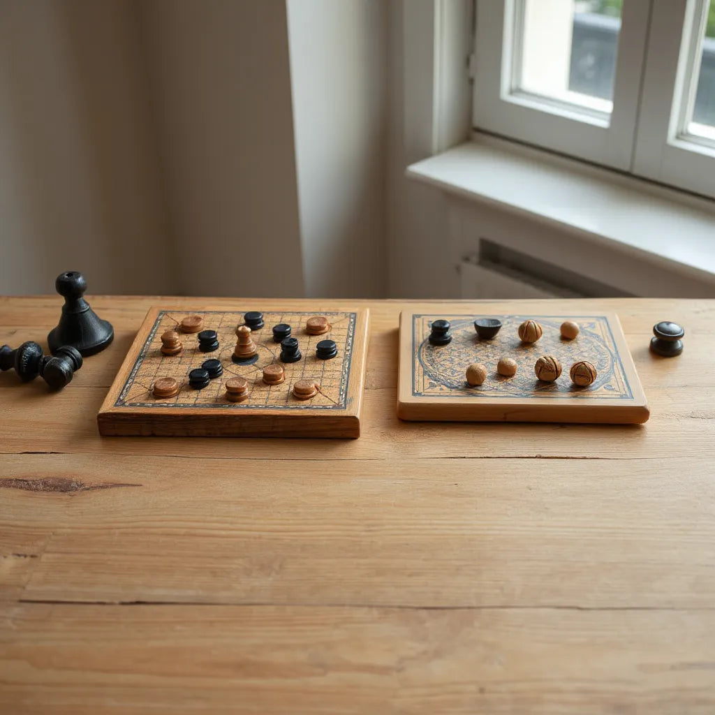 Two ancient board games on a wooden table, with hnefatafl and senet pieces ready to play.