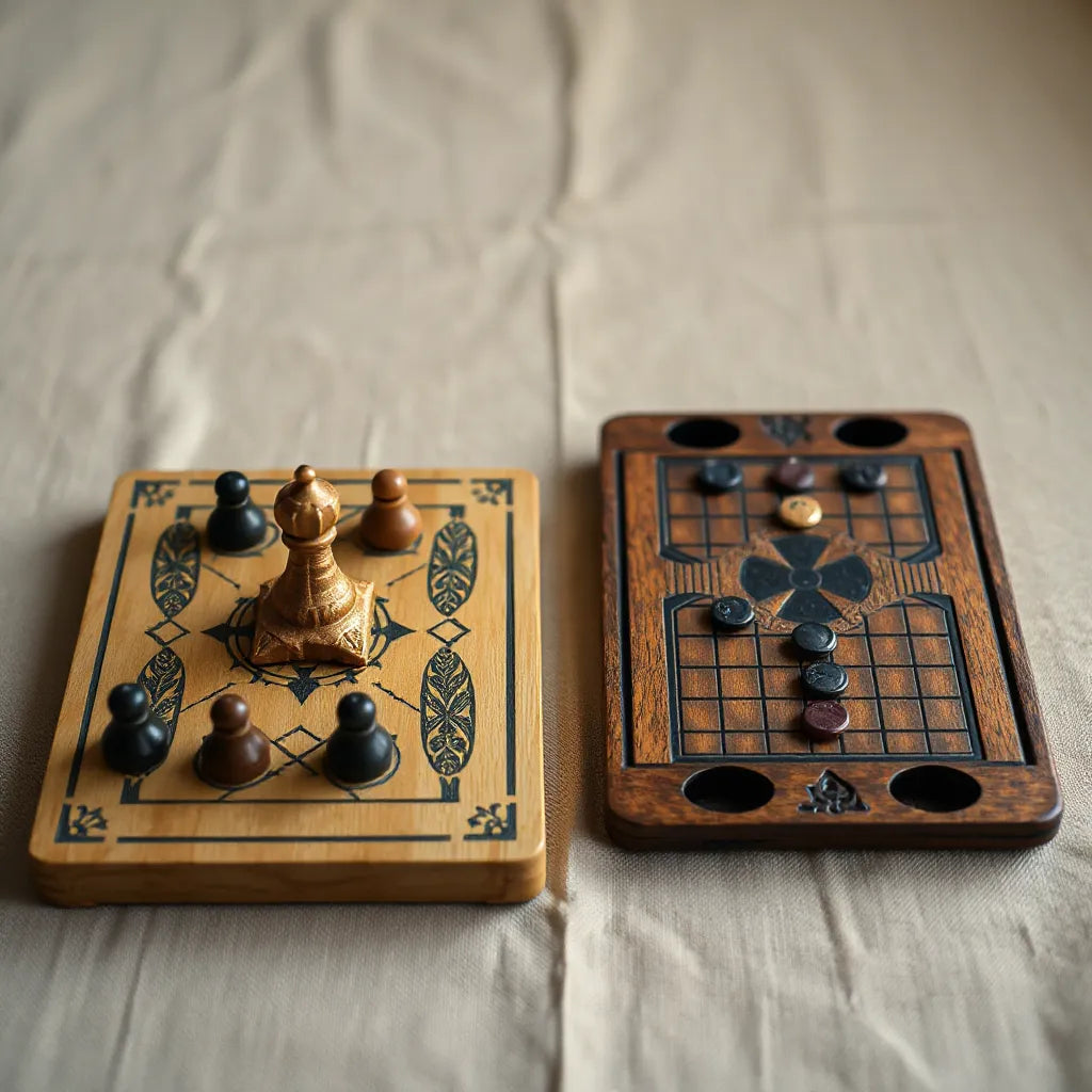 Hnefatafl and senet boards with game pieces arranged on a tabletop