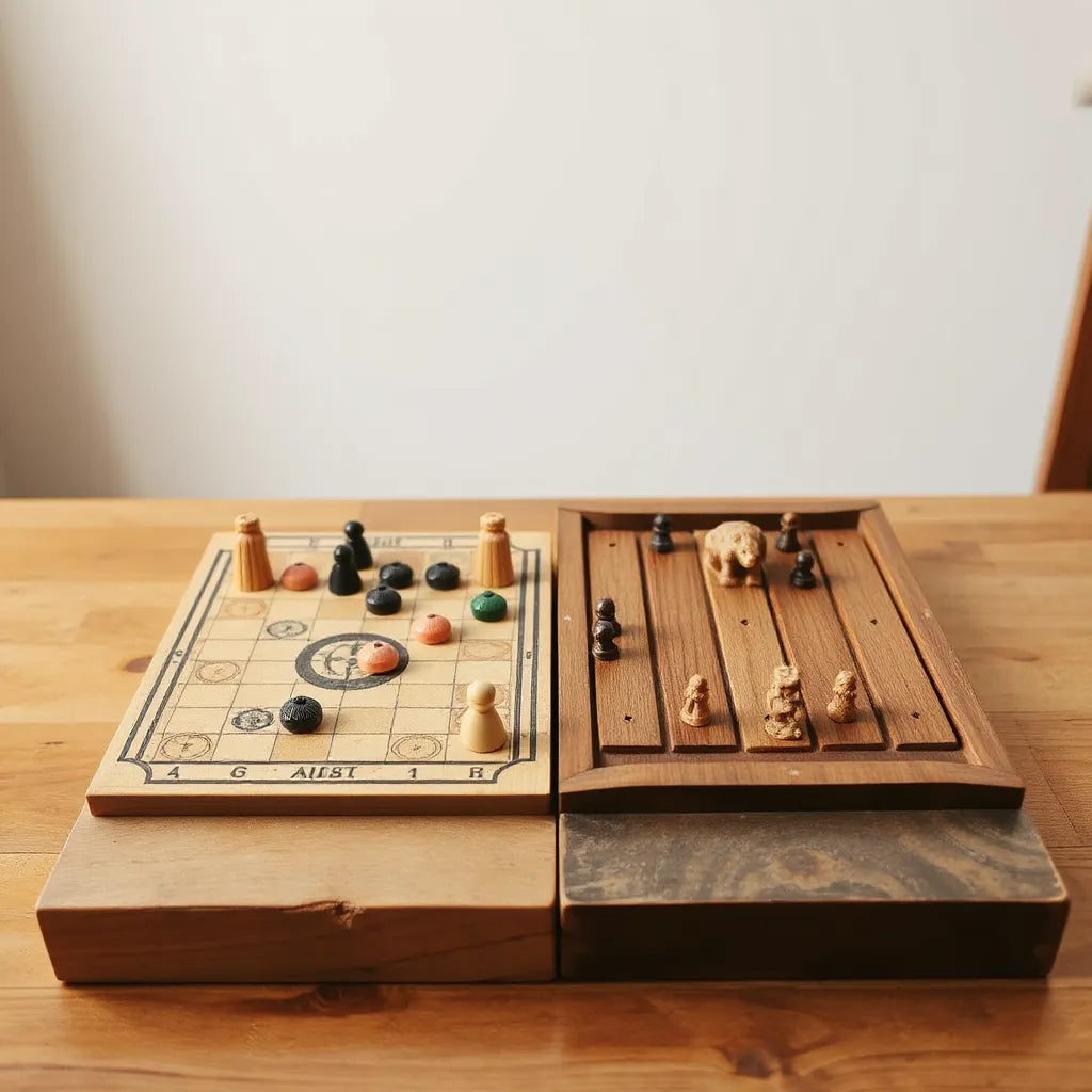 Viking hnefatafl and ancient senet boards with contrasting pieces on a wooden table