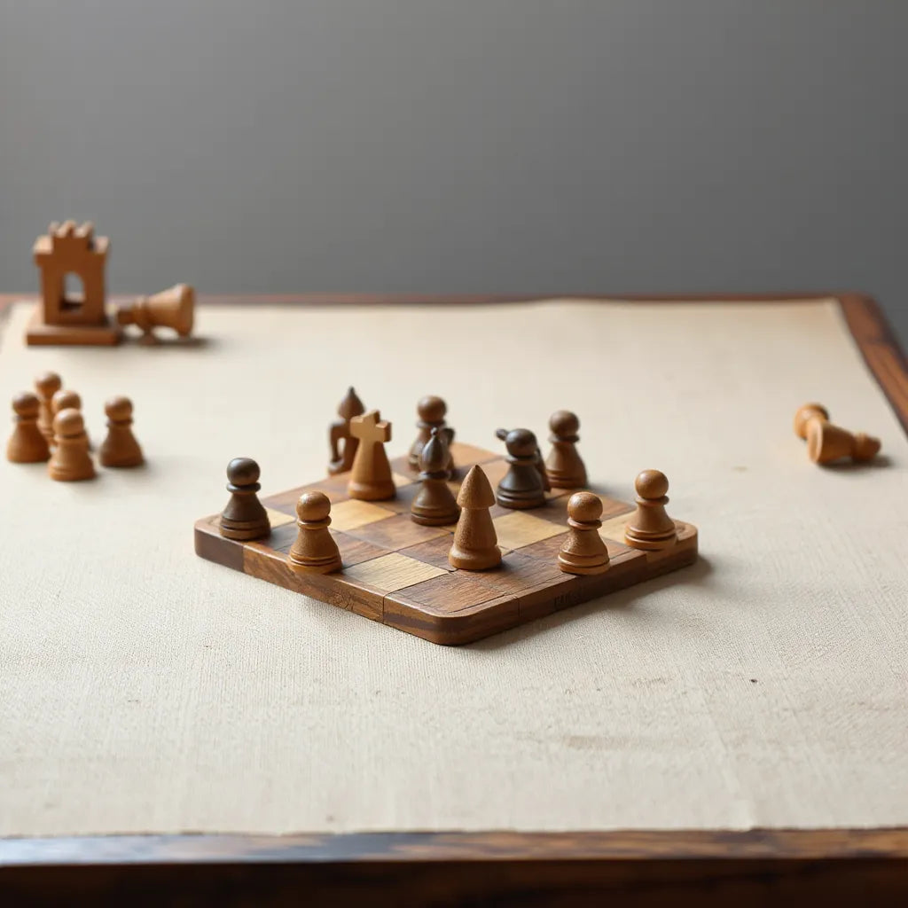 Two sets of wooden game pieces positioned on a medieval board during an active strategy game