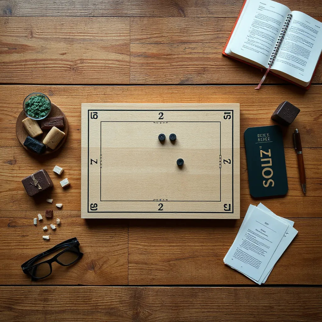 Jarmo board game setup with dark and light tokens on a wooden table