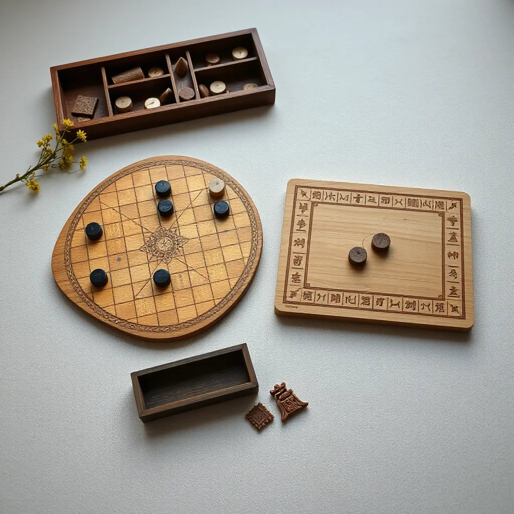 Two classic board games side by side, hnefatafl pieces on a grid and senet tokens on a track.