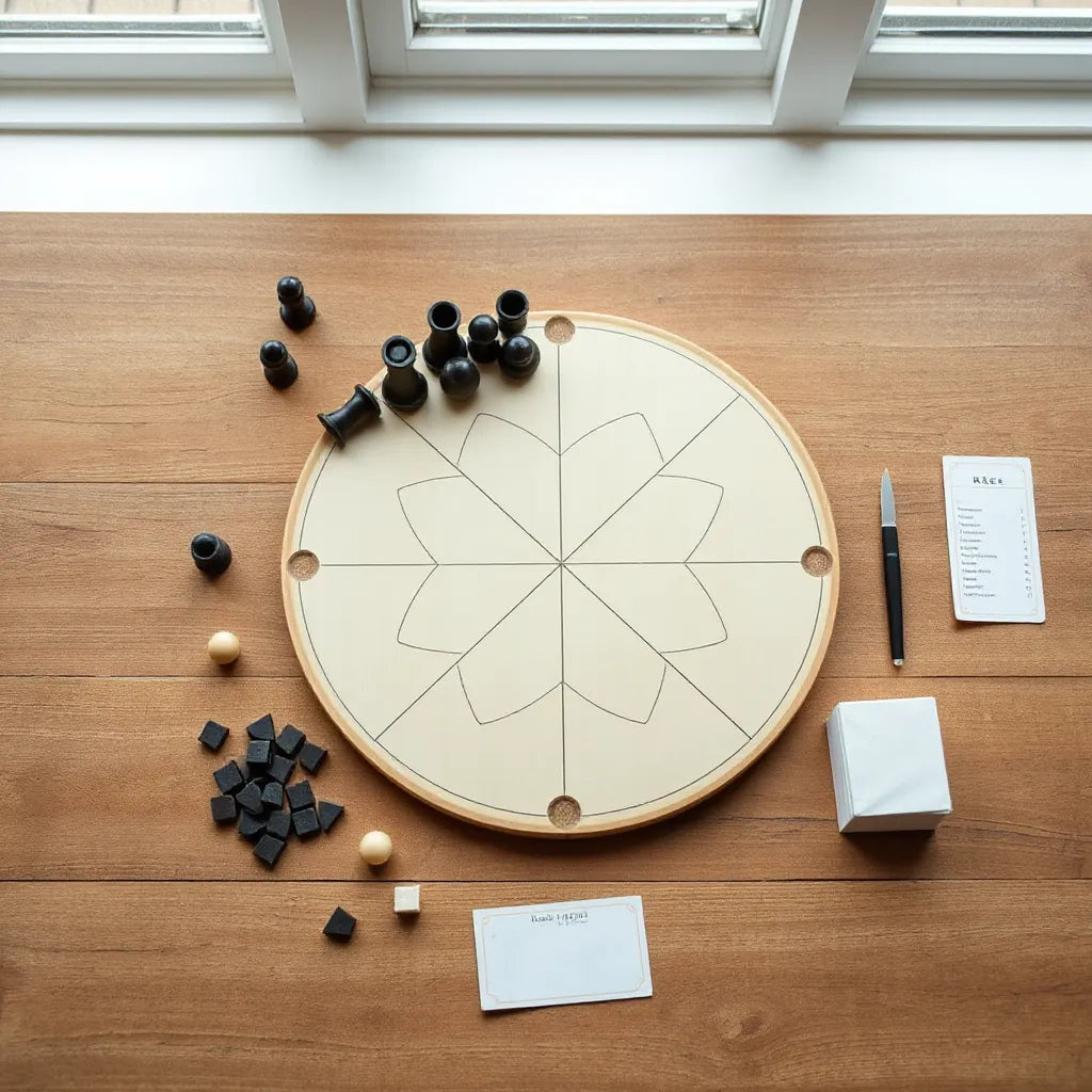Classic board game board with dark and light pieces arranged beside a rule card on a wooden table