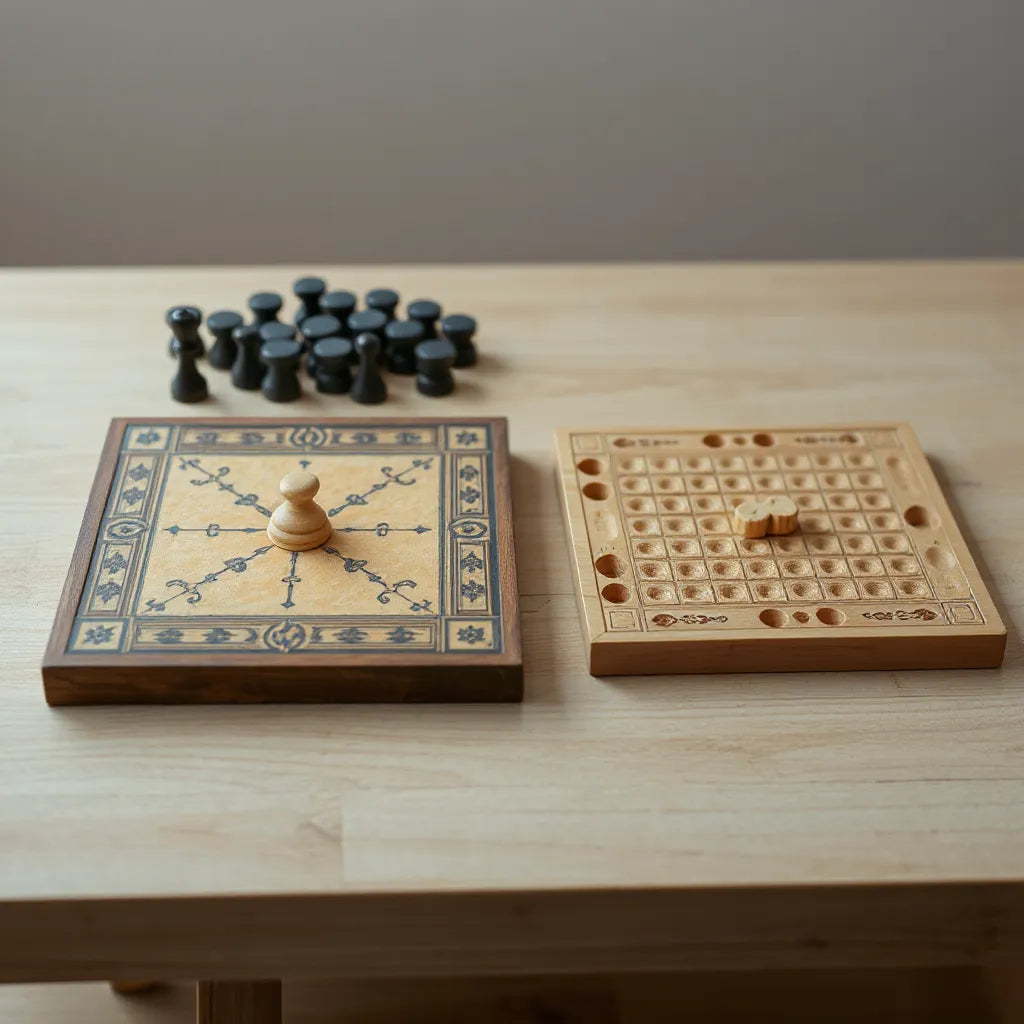 Two classic board games on a wooden table, with hnefatafl and senet pieces ready to play