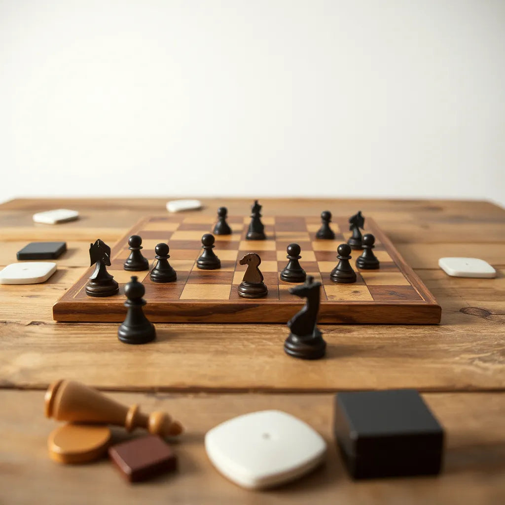 Classic board game pieces arranged mid-game on a wooden table under soft natural light