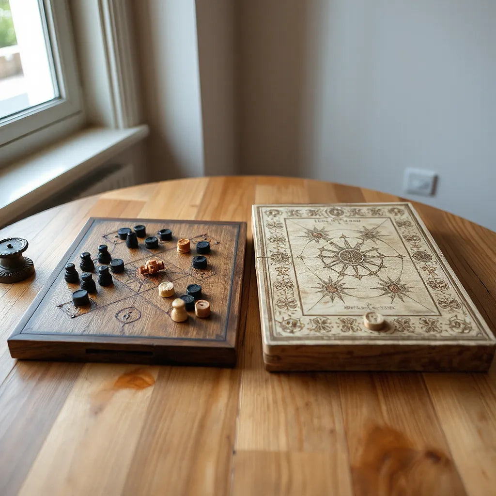 Two classic board game setups side by side: hnefatafl pieces and senet tokens on a wooden table