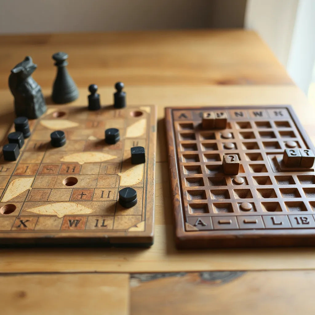 Two classic board games side by side: hnefatafl and senet on a tabletop with pieces ready to play