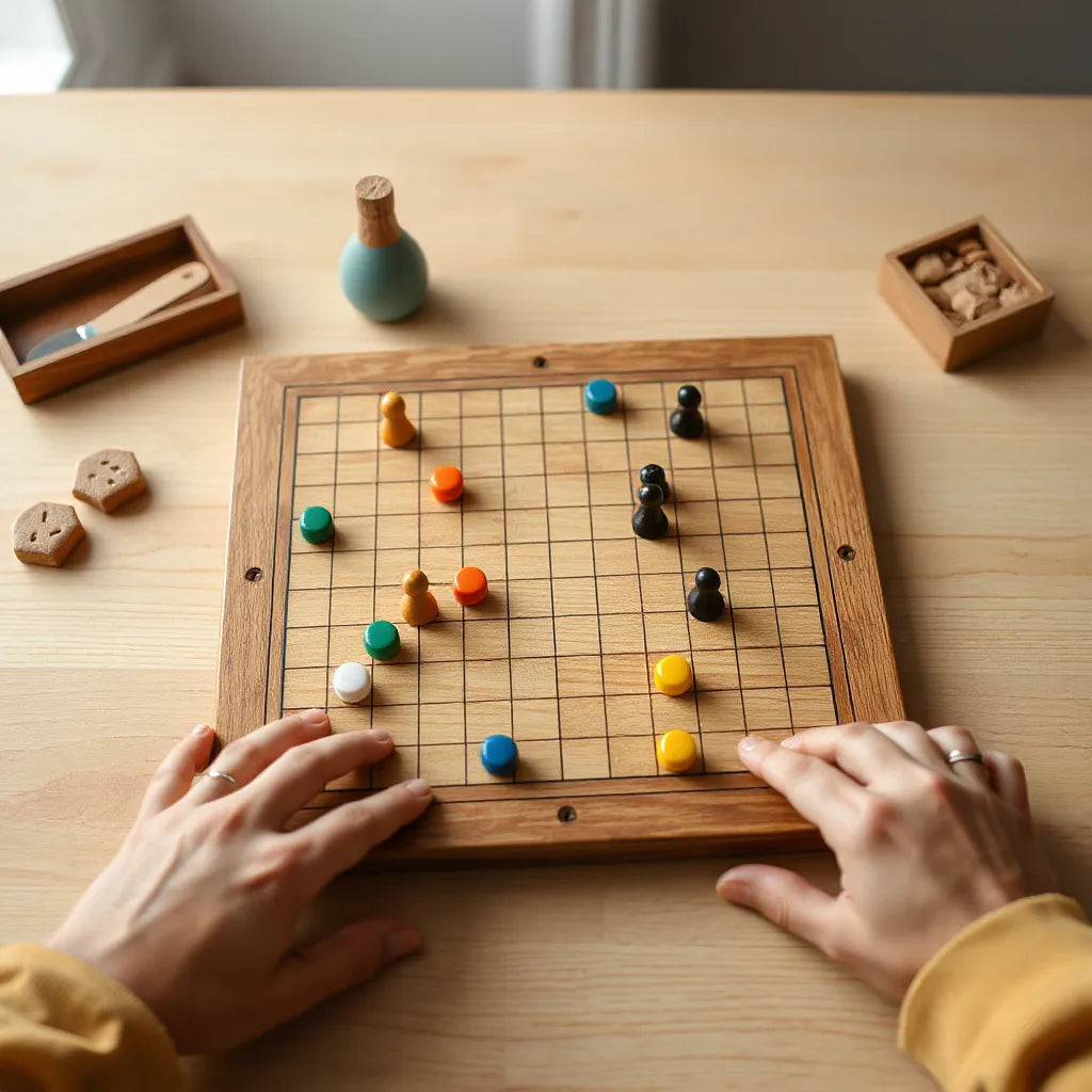 Hands poised over a wooden strategy board with contrasting game pieces ready for a move