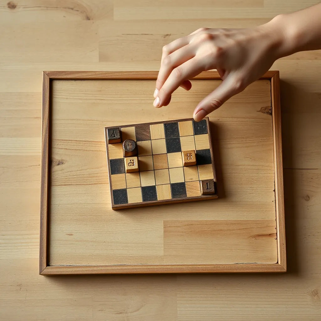 Classic board game with wooden pieces on a tabletop, a hand poised over the board to plan a move