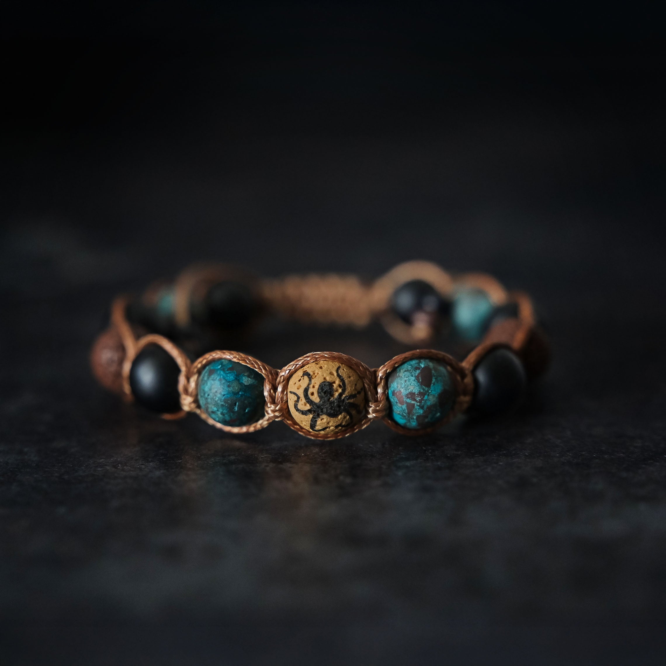 Call of Cthulhu Bracelet: Hand-Knotted Elder Sign, Deep Onyx & R'lyeh Turquoise, H.P.Lovecraft, Elder Sign Engraved