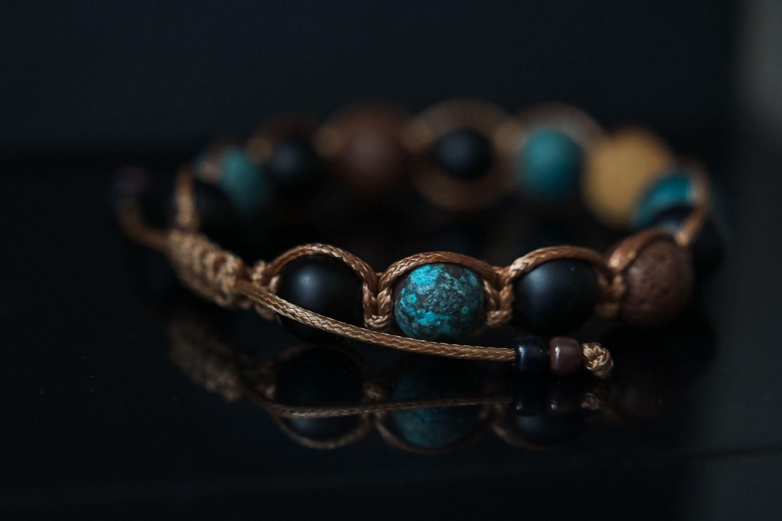 Call of Cthulhu Bracelet: Hand-Knotted Elder Sign, Deep Onyx & R'lyeh Turquoise, H.P.Lovecraft, Elder Sign Engraved
