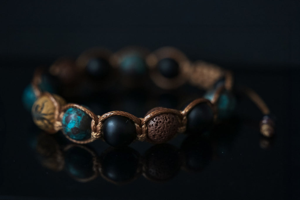 Call of Cthulhu Bracelet: Hand-Knotted Elder Sign, Deep Onyx & R'lyeh Turquoise, H.P.Lovecraft, Elder Sign Engraved
