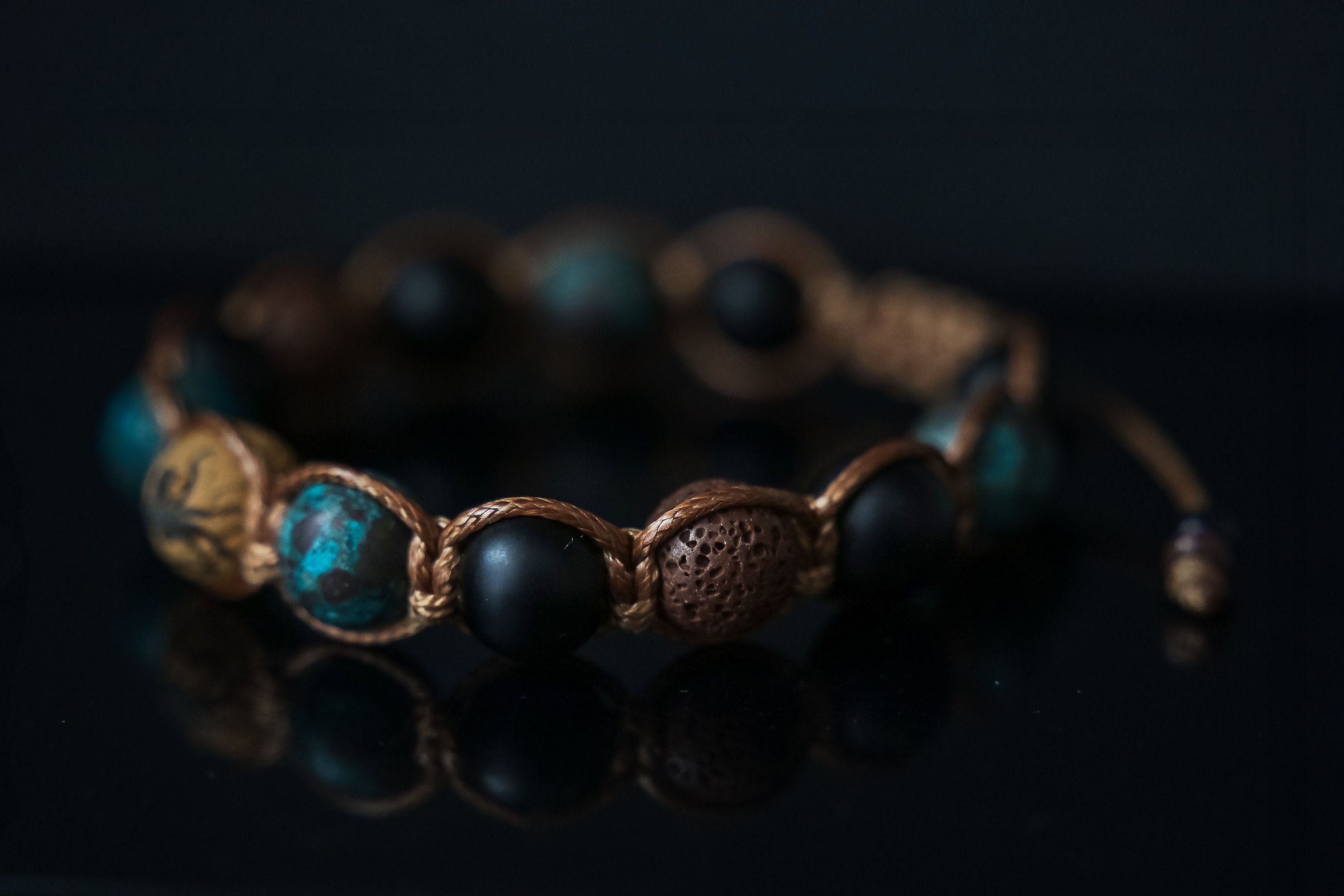 Call of Cthulhu Bracelet: Hand-Knotted Elder Sign, Deep Onyx & R'lyeh Turquoise, H.P.Lovecraft, Elder Sign Engraved