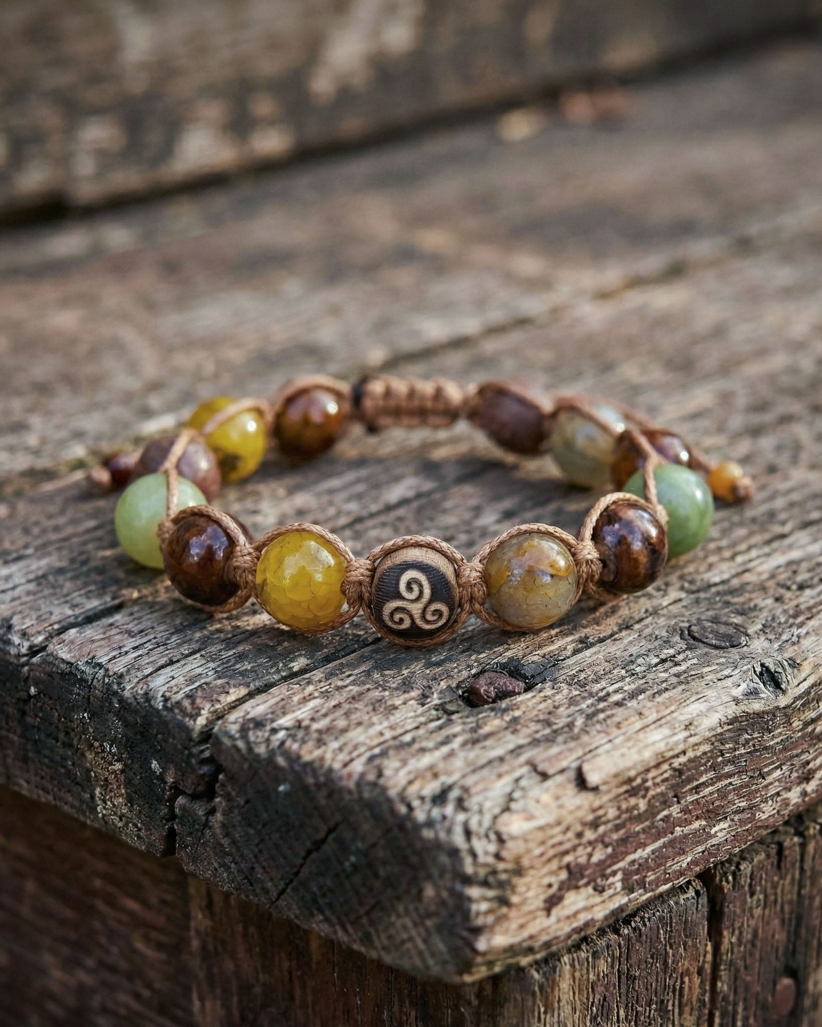 Triskelion Stone Bracelet – Dragon Agate, Green Jasper & Lava (10mm)